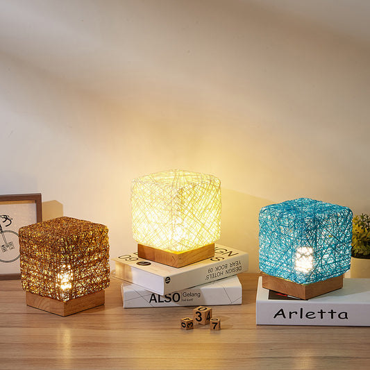 LED Desk Lights Wood Rattan Twine USB Charging Table Lamp